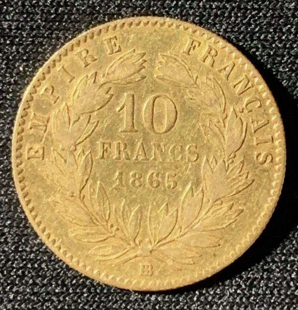 10 francs or napoléon III tête laurée 1865 BB