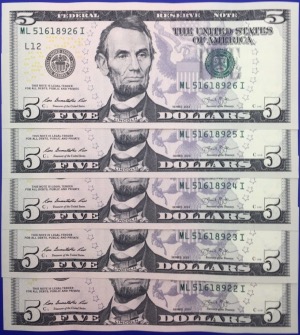 Etats-Unis, 5 Billets 5 dollars San Francisco, 2013, CONSÉCUTIFS